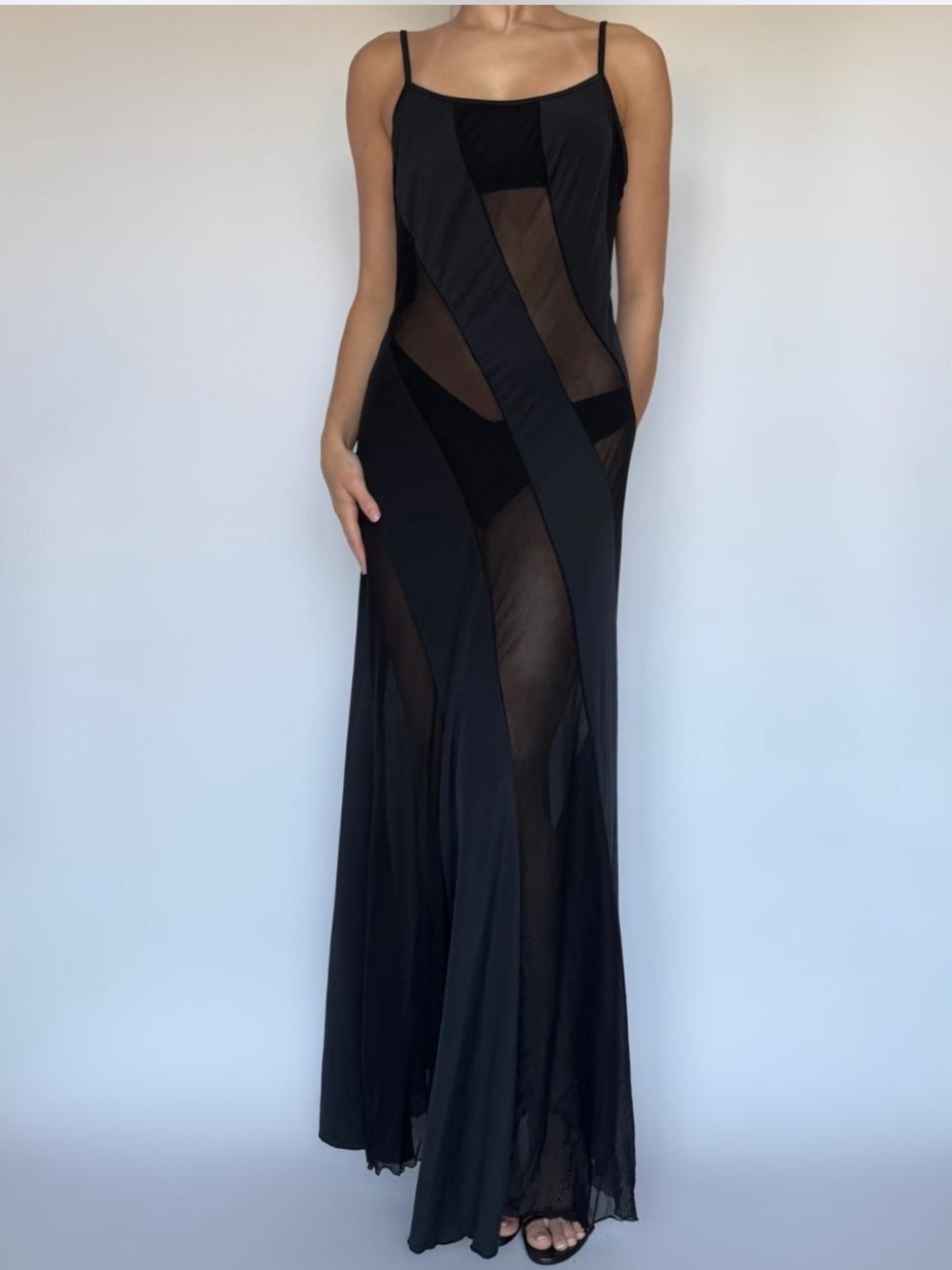 Frederick's of Hollywood Black Sheer-Panel Maxi Slip Dress - L